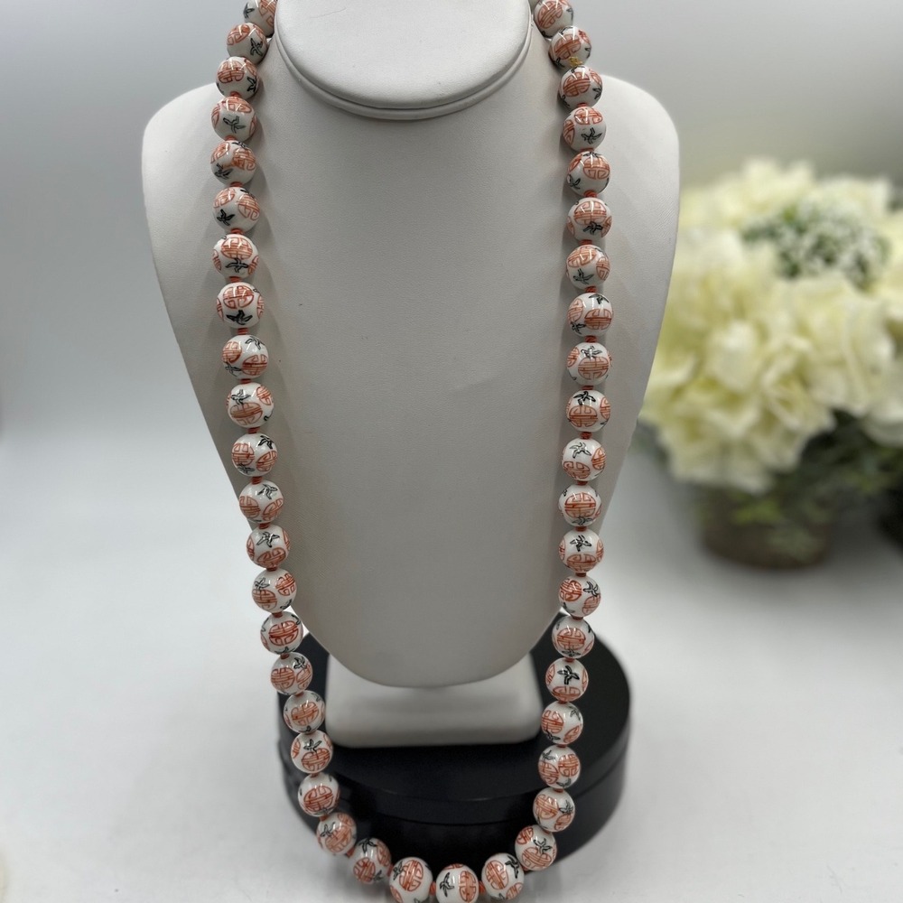 Chinese Export Porcelain Orange  Painted Black White Enamel Knotted Necklace